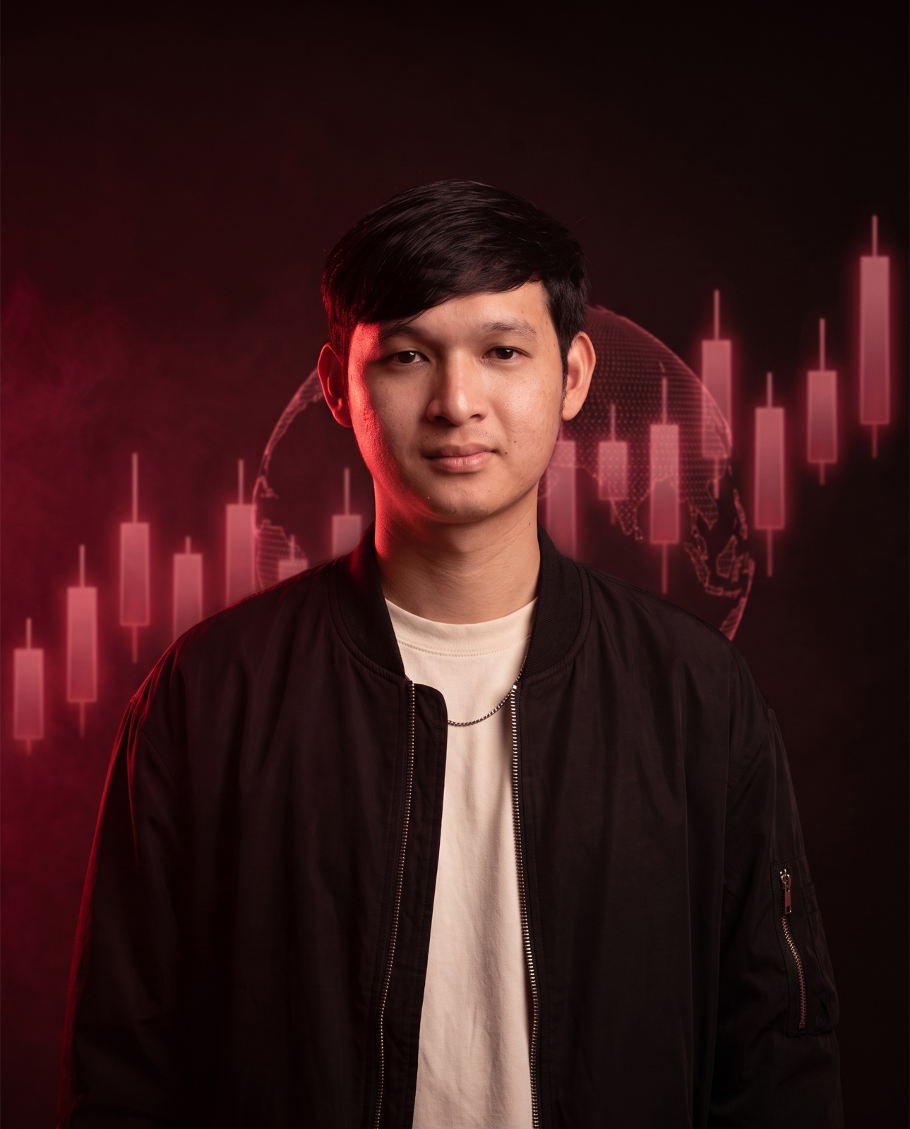 Studio portrait of Sai in a red-lit dark studio