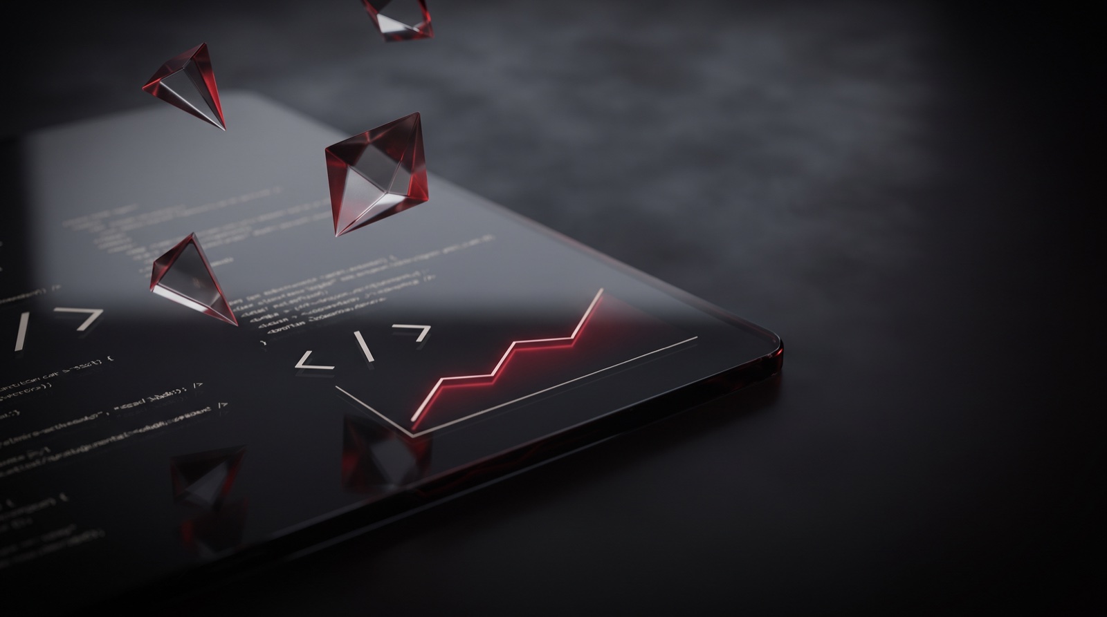 Code brackets and a rising chart etched into dark glass
