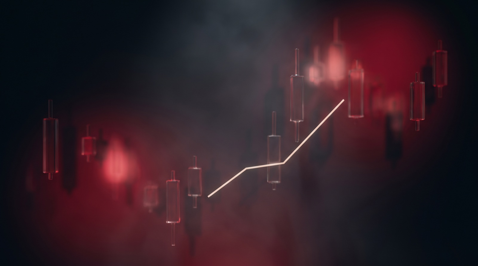 Floating crimson candlestick columns in a dark studio