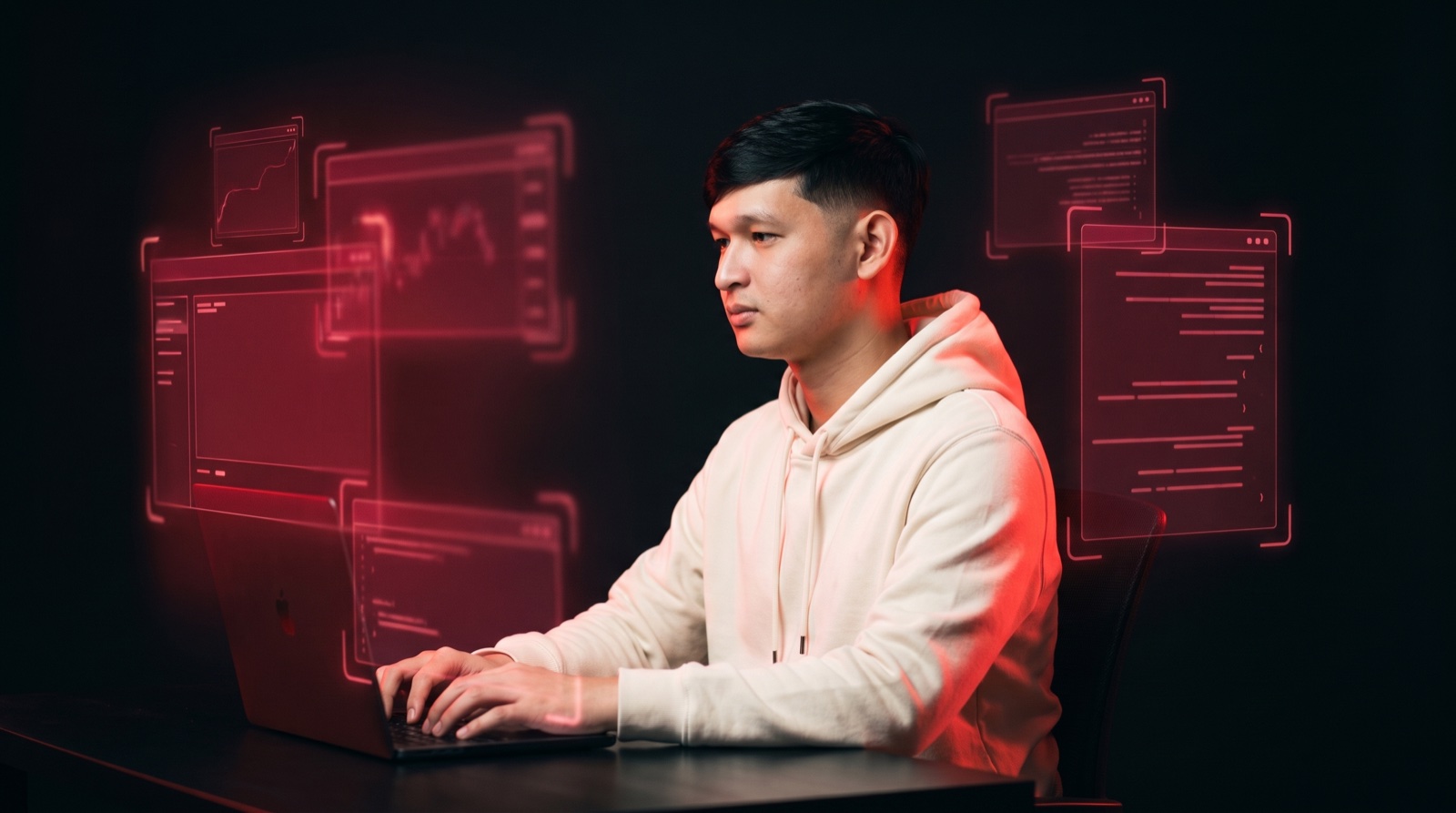 Sai working among floating holographic trading panels